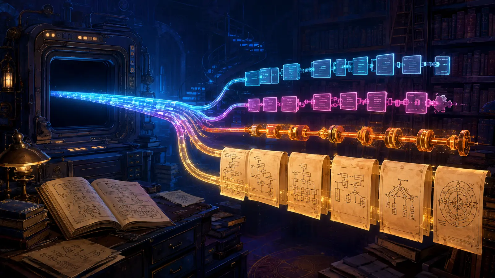 A glowing command pipeline splits into diagrams and reference manuals in a dark technical archive.