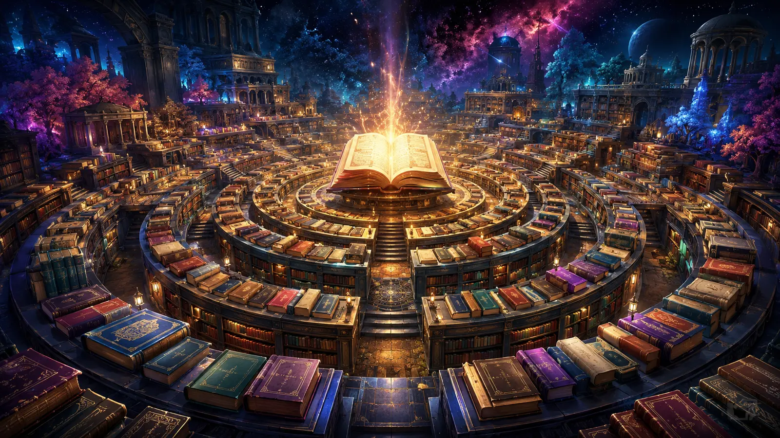 A radiant open book stands at the center of concentric library terraces beneath a star-filled sky.