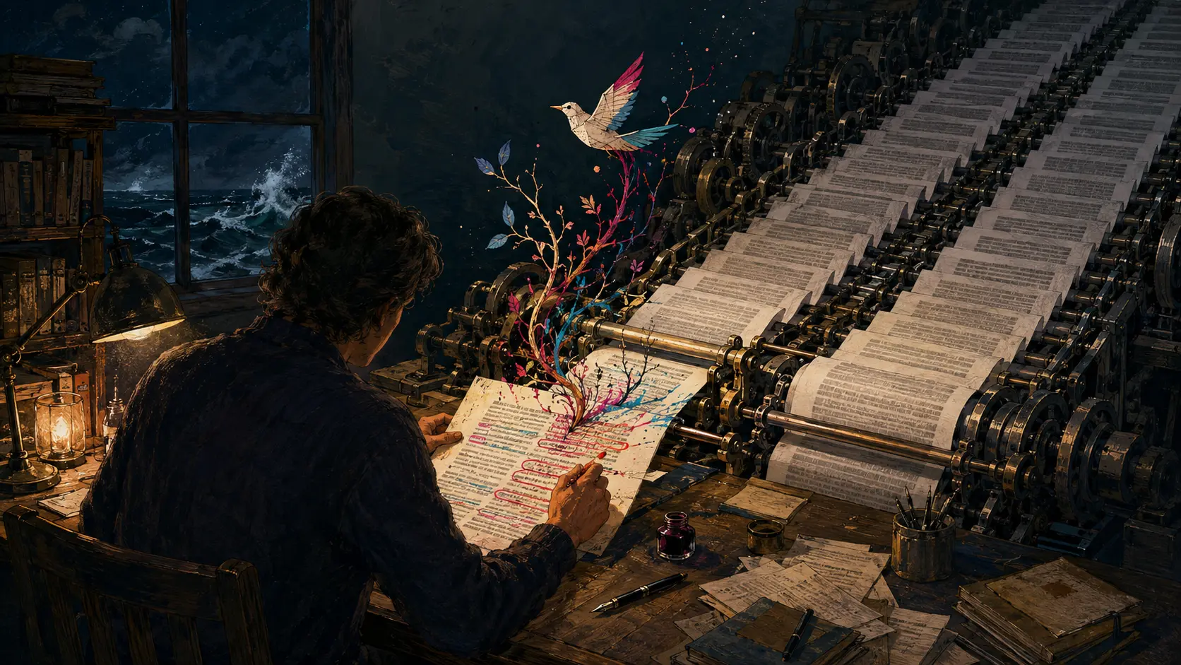 A human editor marks a page from an enormous mechanical typesetting machine as colorful ink branches and a paper bird emerge beside a stormy sea.