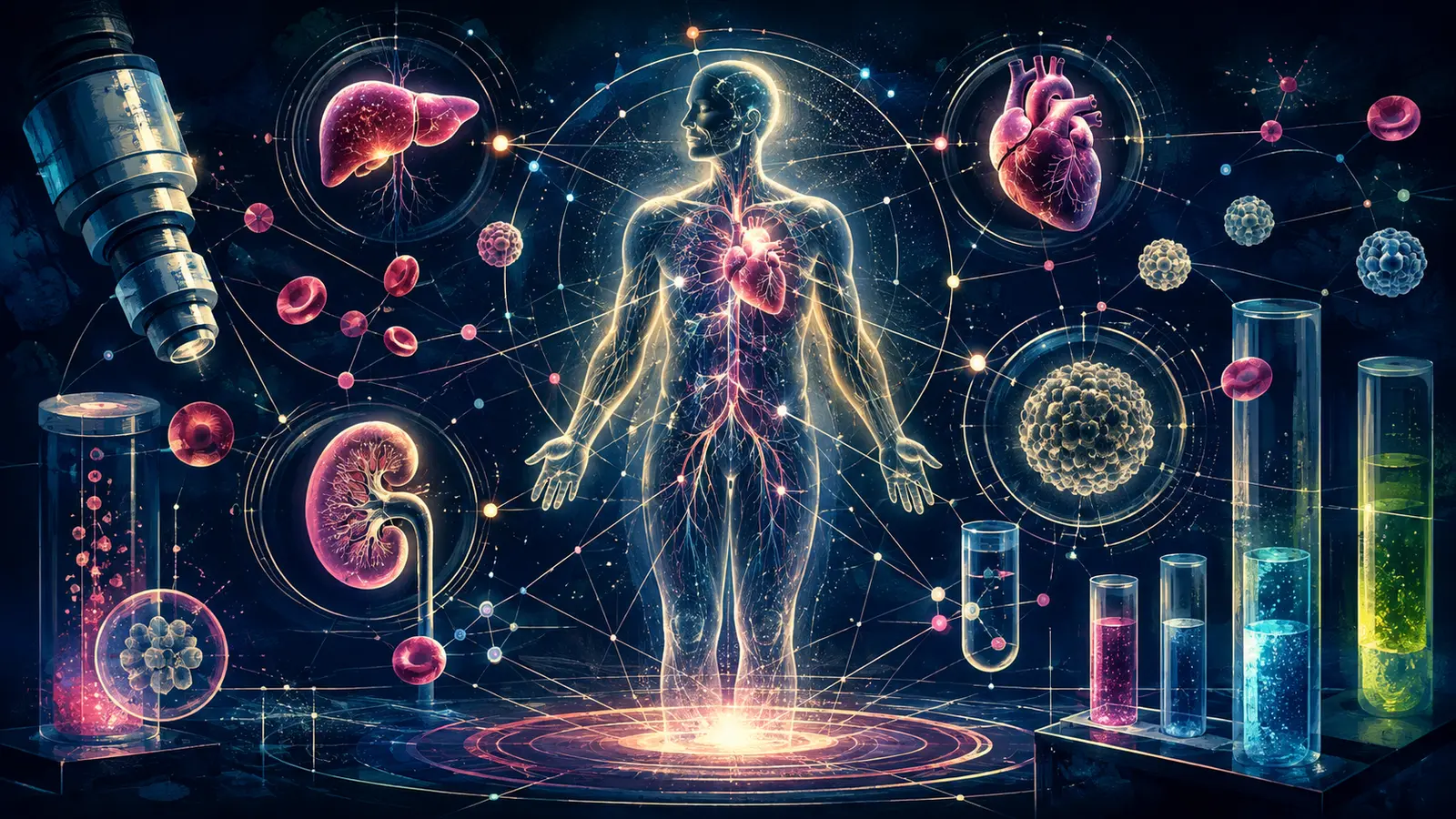 A translucent human figure connected to glowing organs, blood cells, and laboratory glassware.