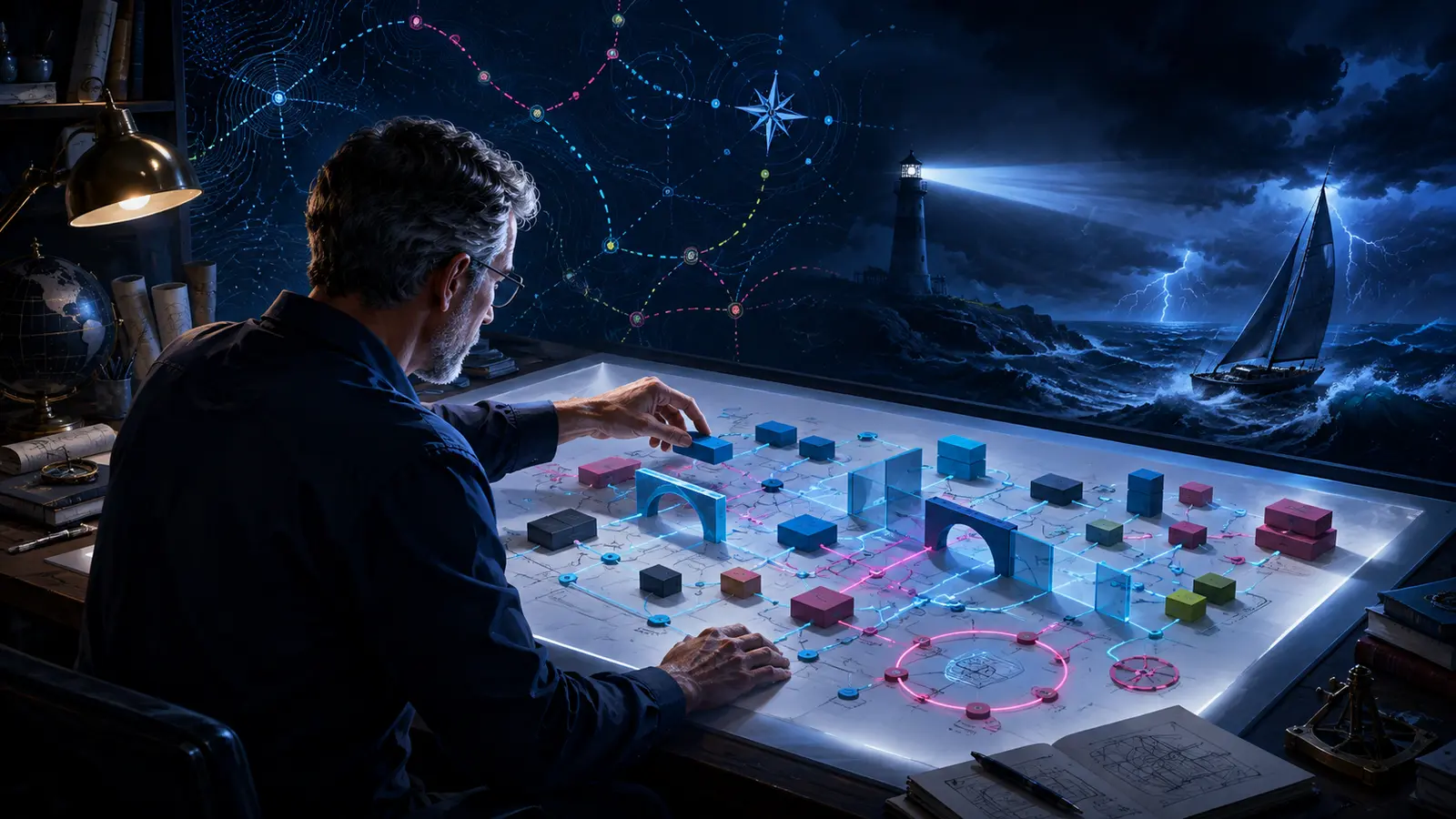 An experienced software engineer maps glowing modular structures at a drafting table while a lighthouse guides a sailboat through a storm.