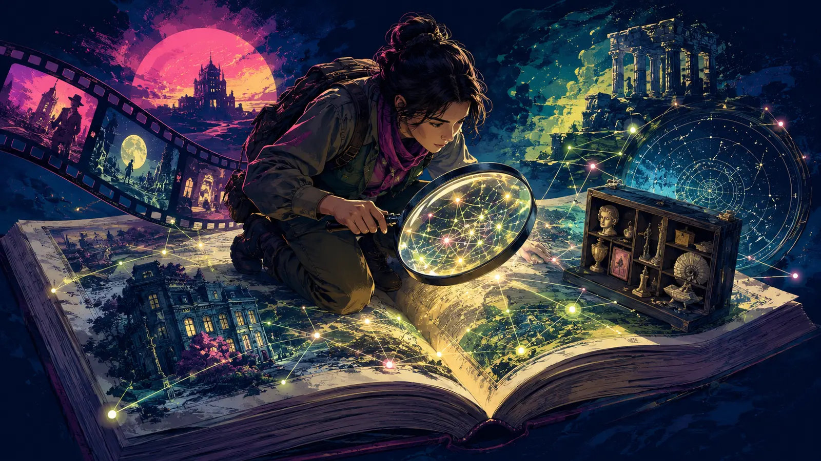 An explorer examines a vast open book whose details connect films, buildings, artifacts, and star maps.