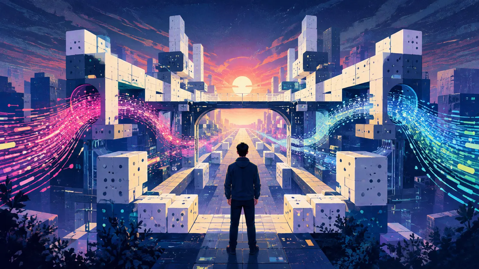 A software architect faces a modular city as pink and blue streams of code flow through it.