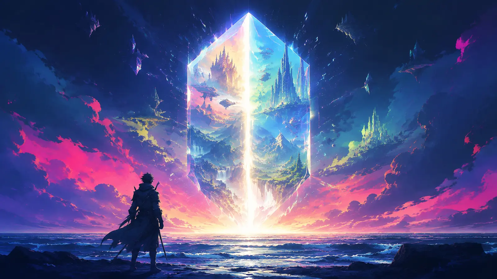 A lone fantasy traveler looks toward a giant crystal containing several possible worlds above the sea.