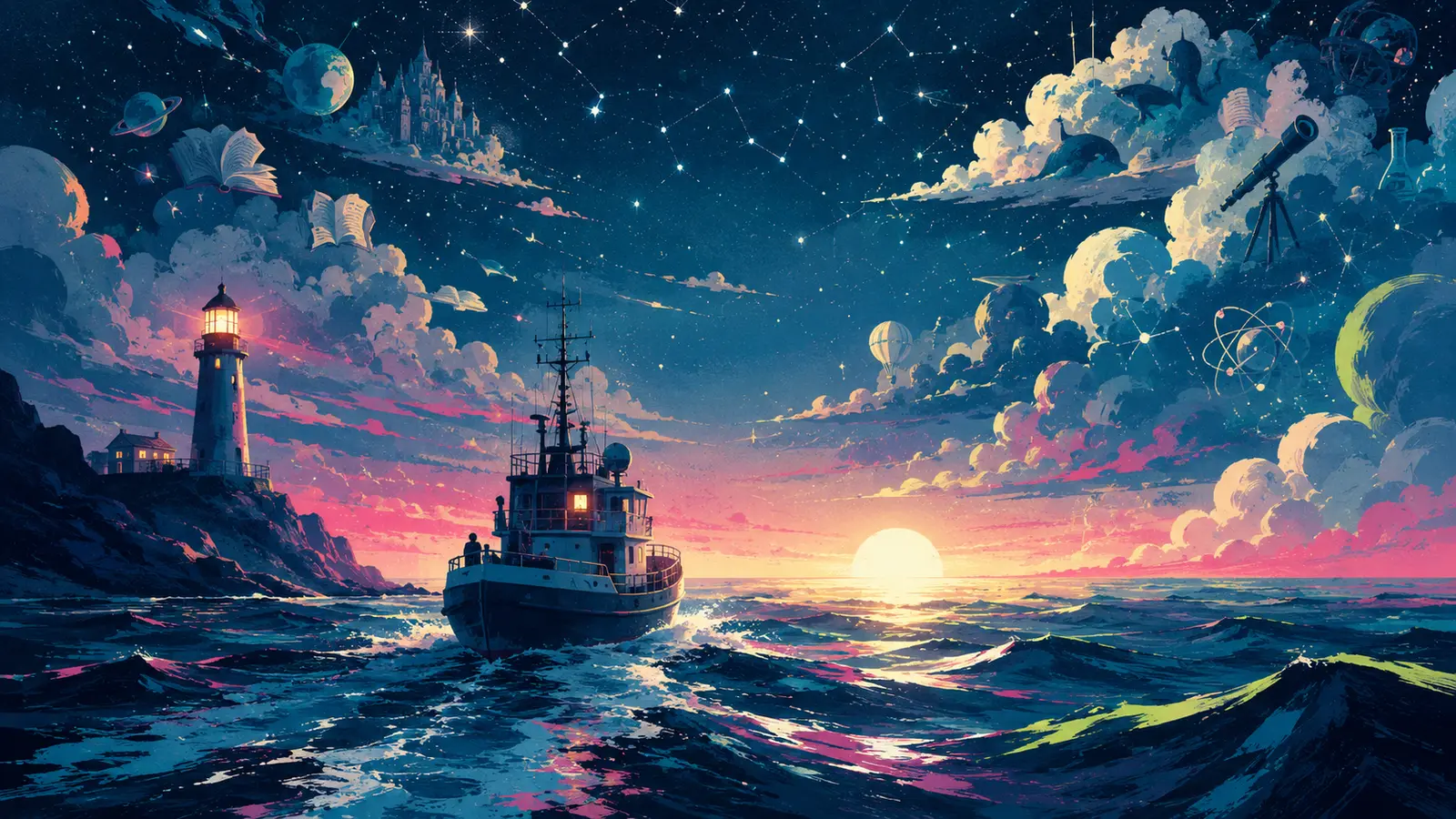 A small ship leaves a lighthouse at dawn beneath a sky filled with books, planets, and constellations.
