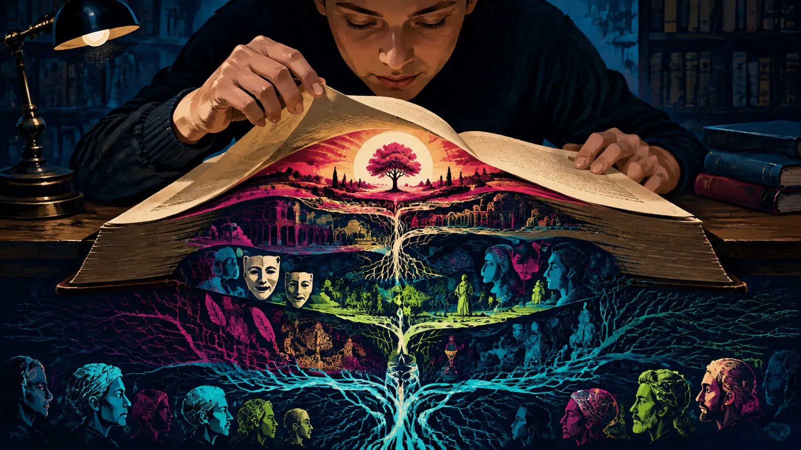 A reader lifts the surface of a book to reveal layers of history, symbols, characters, and roots beneath it.