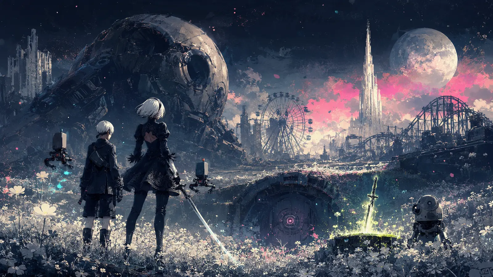 Two white-haired android explorers survey a flower-covered ruined city filled with machines and hidden paths.