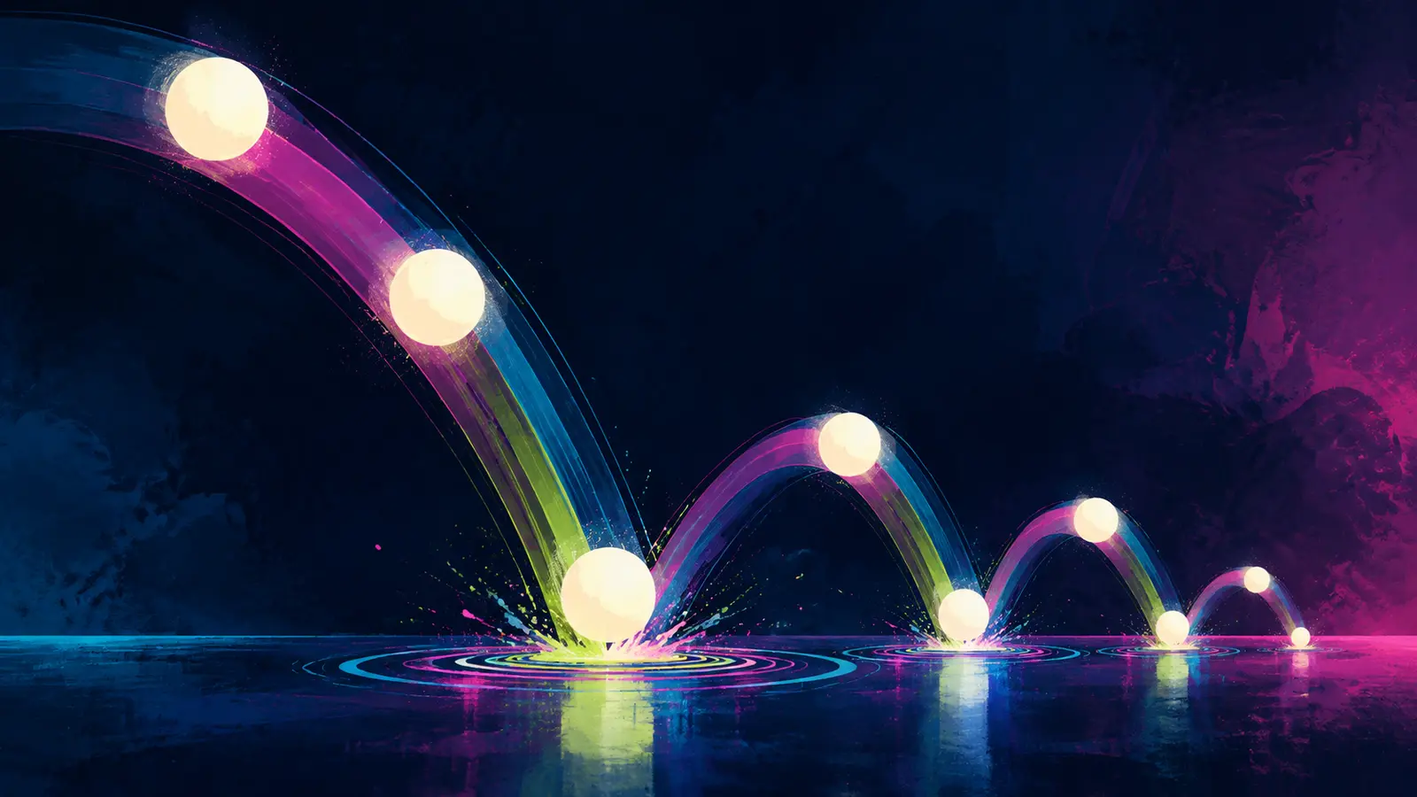 A sequence of glowing balls follows shrinking arcs as it bounces across a dark reflective floor.