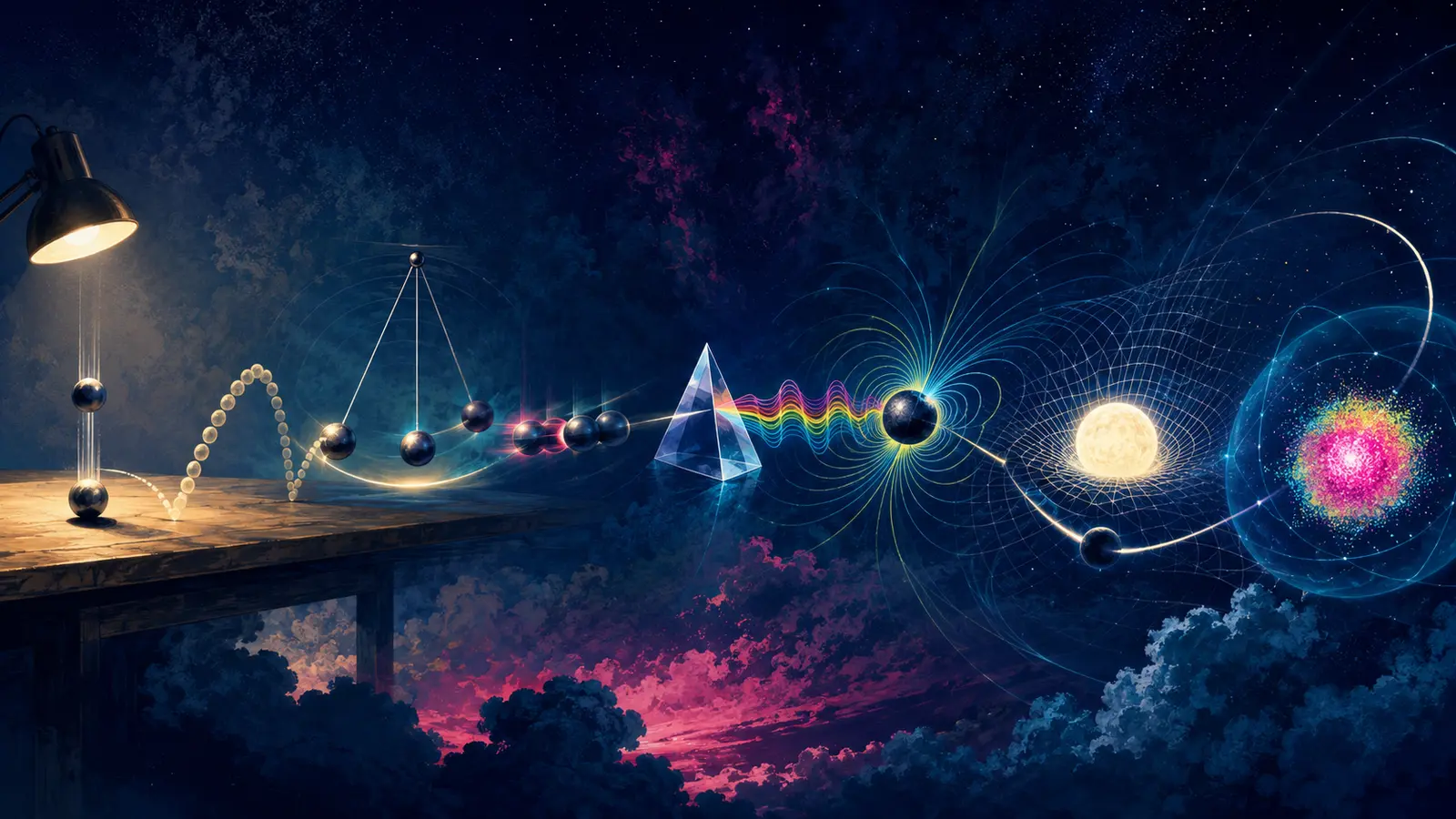 Everyday motion transforms into waves, fields, orbits, and a quantum cloud across a cosmic laboratory.