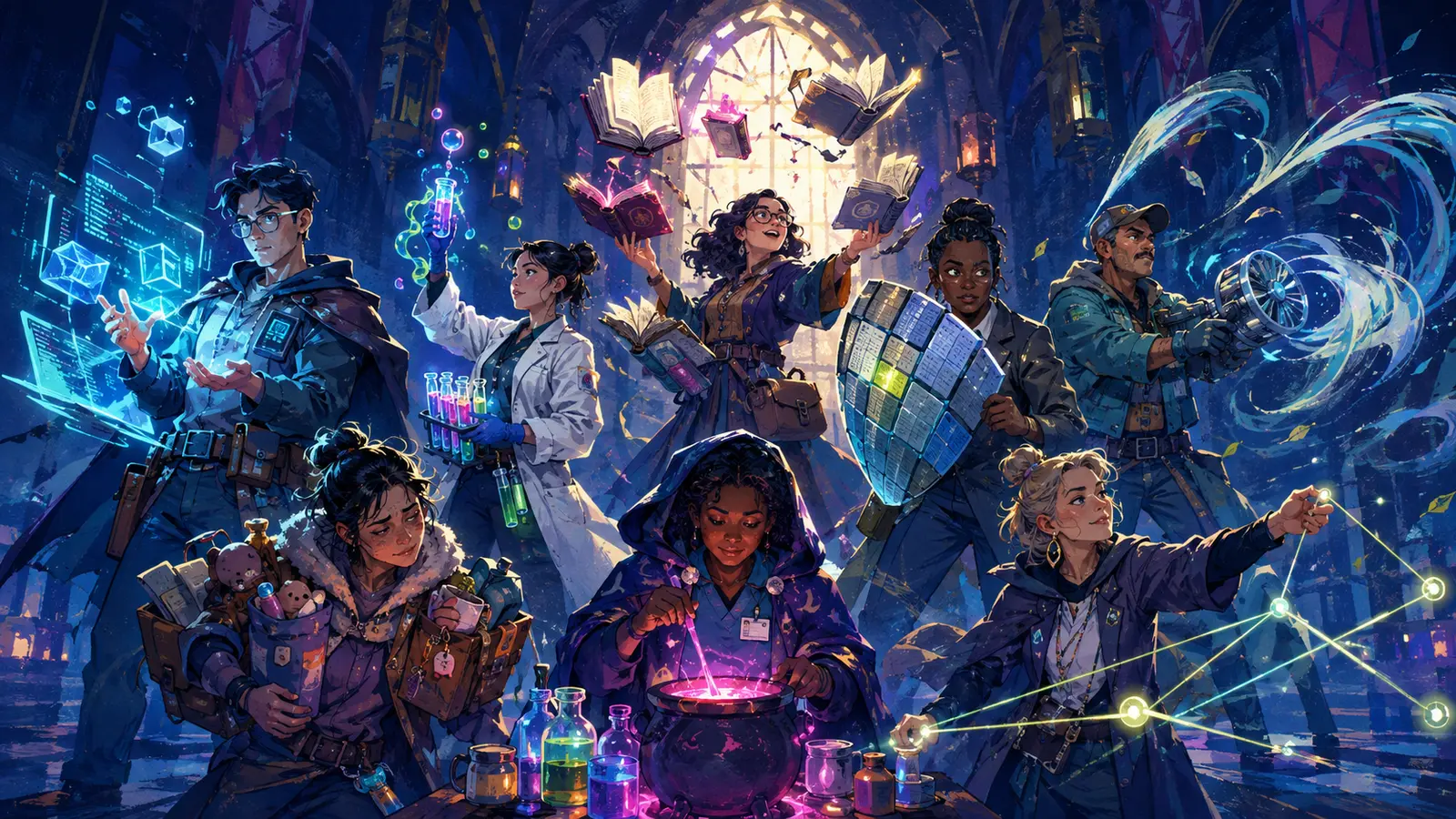 Eight modern workers wield fantastical powers in a JRPG-style adventuring party.
