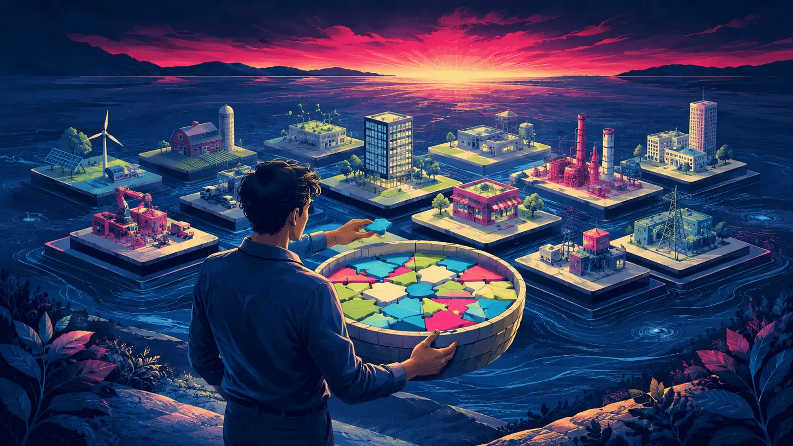 A beginner investor assembles a diversified basket while many different businesses float across a calm economic sea.
