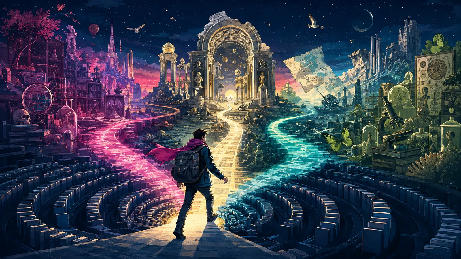 An explorer leaves a circular maze of identical books for three paths through a world of strange historical artifacts.