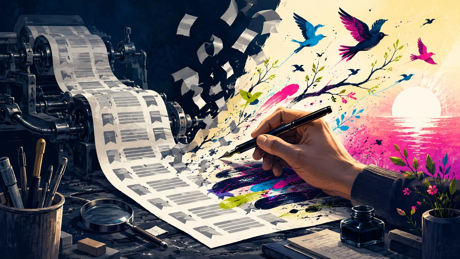 A human writer turns repetitive machine-made pages into colorful ink, branches, and birds.