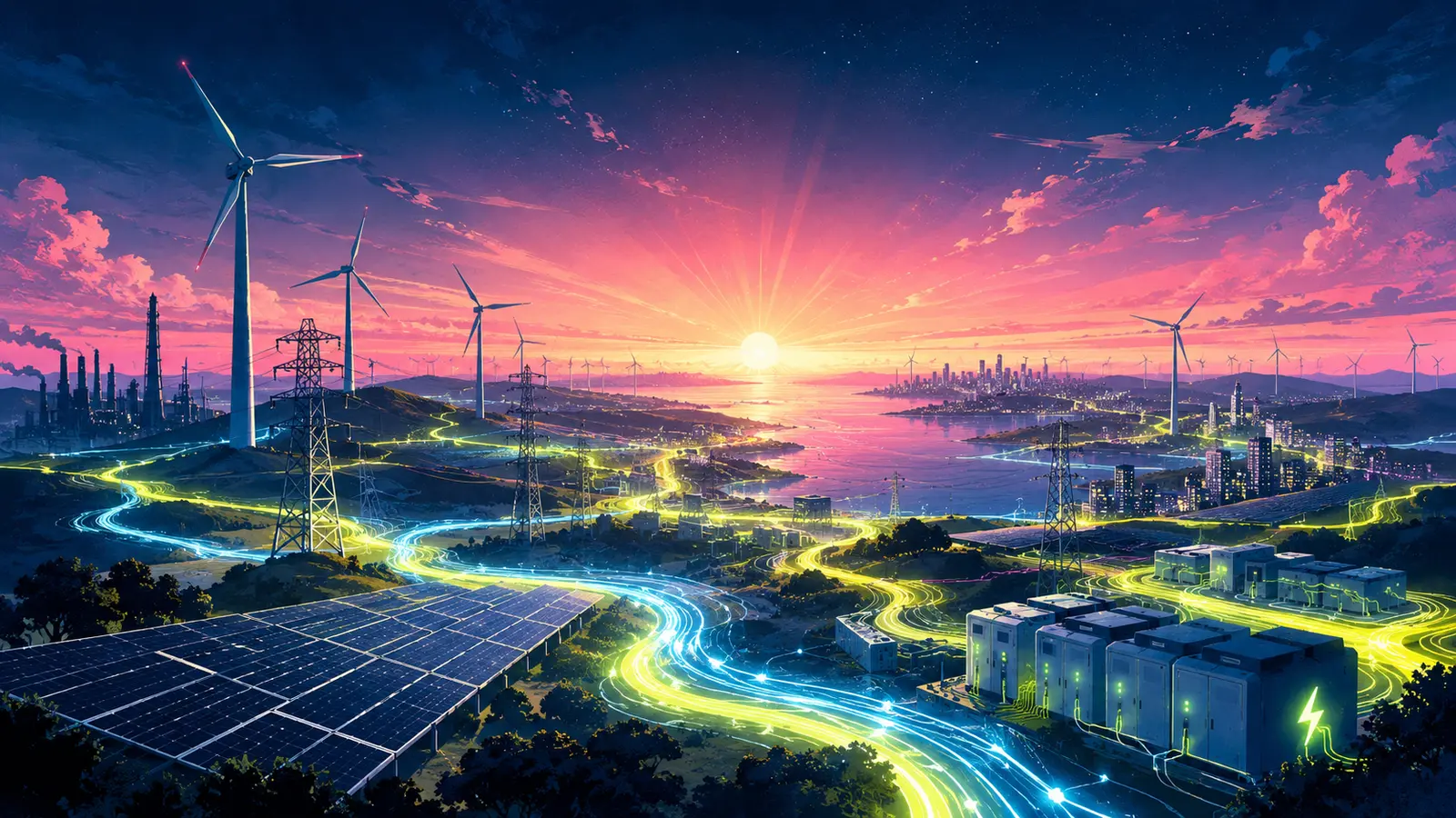 Solar panels, wind turbines, batteries, power lines, and cities connected by bright streams of electricity at sunrise.