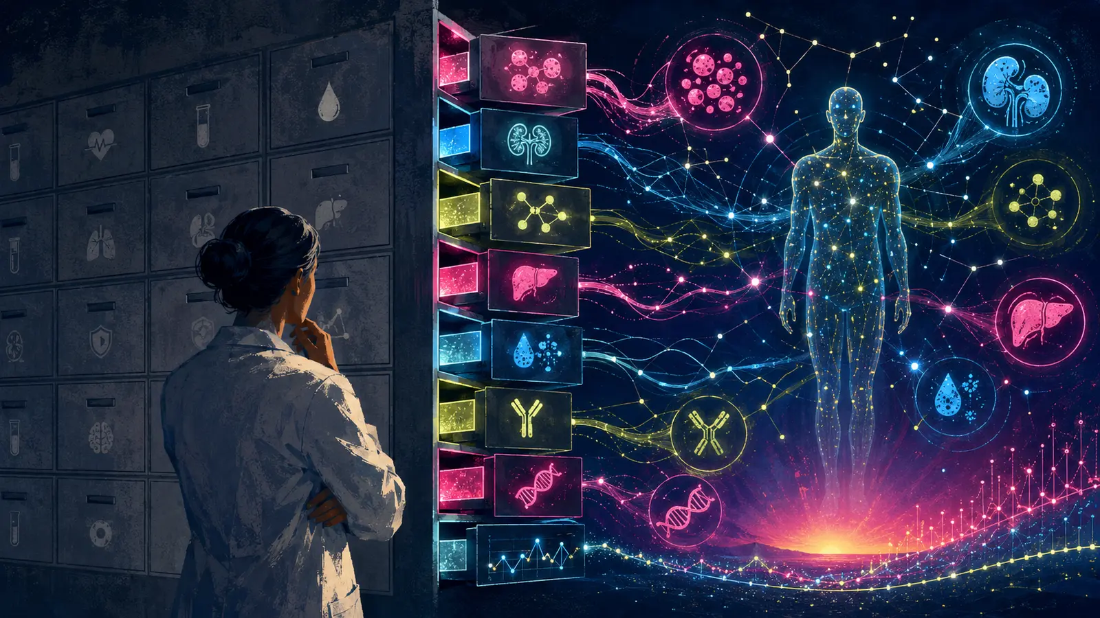 A clinician opens a hidden diagnostic cabinet revealing connected organs, biomarkers, DNA, and long-term trends.