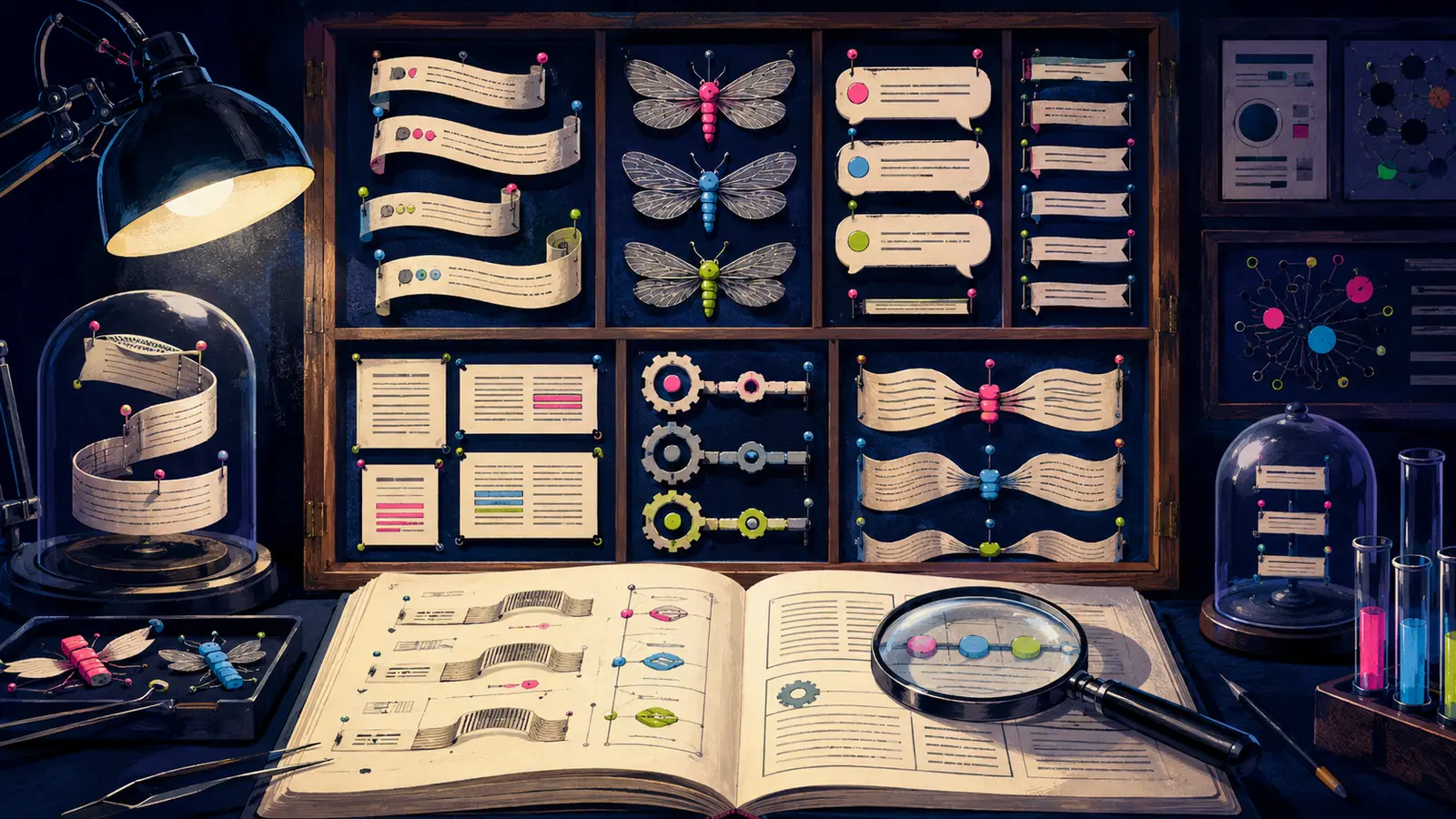 A field guide and specimen cabinet classifies repeated machine-written patterns like pinned insects.