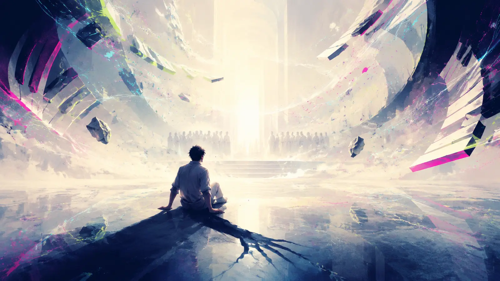 A person awakens in a luminous white hall as distant figures gather and an impossible shadow stretches behind him.