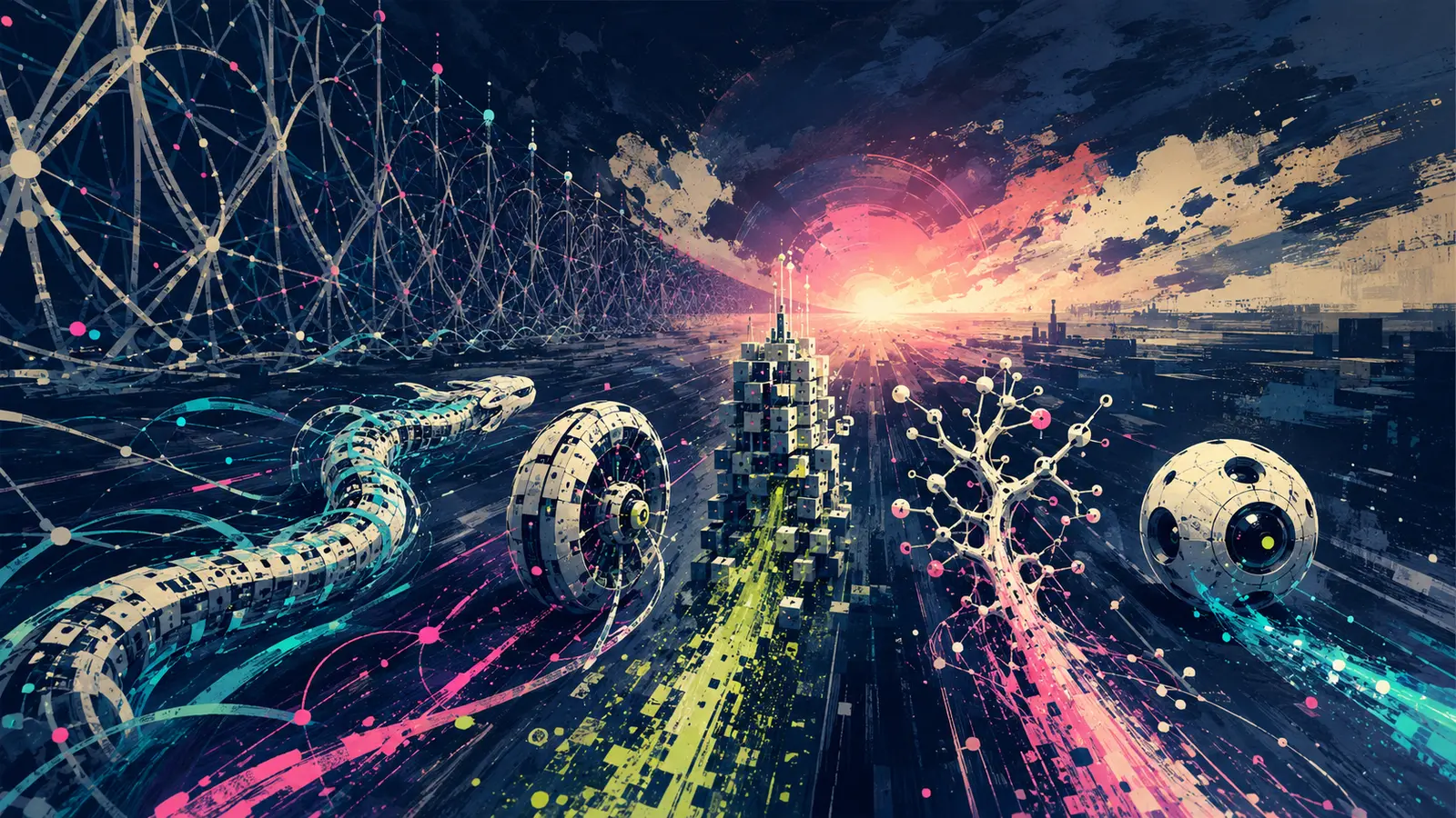 Five radically different computational machines race beyond an old lattice toward a shared sunrise.