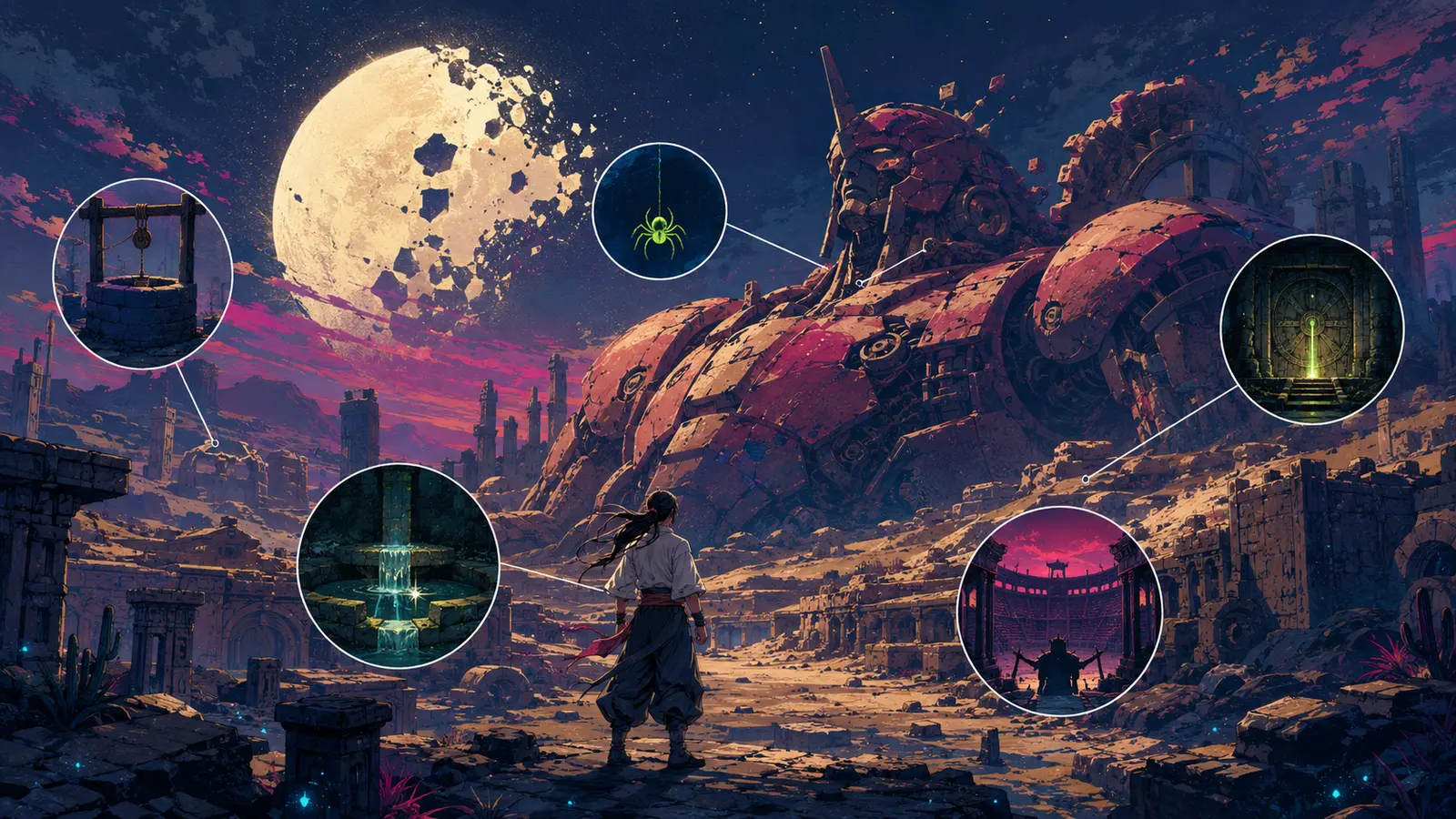 A martial artist explores desert ruins beneath a shattered moon and an enormous buried red machine.