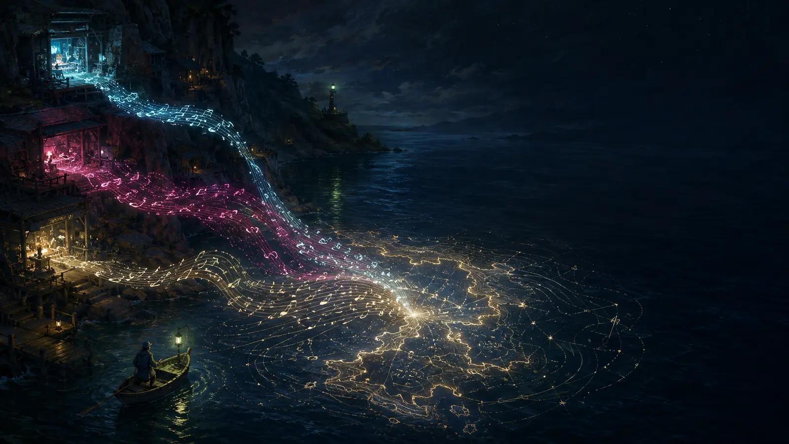 Three streams of cyan, magenta, and ivory light leave cliffside workshops and join as a glowing chart on a dark sea before a navigator in a small boat.