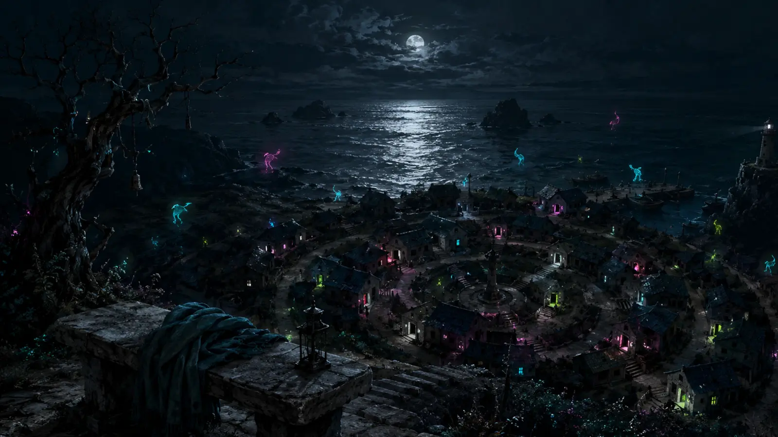 A moonlit coastal village curls around a circular path while cyan, magenta, and lime animal-shaped lights drift above the rooftops; a folded cloak and lantern rest on a stone overlook.