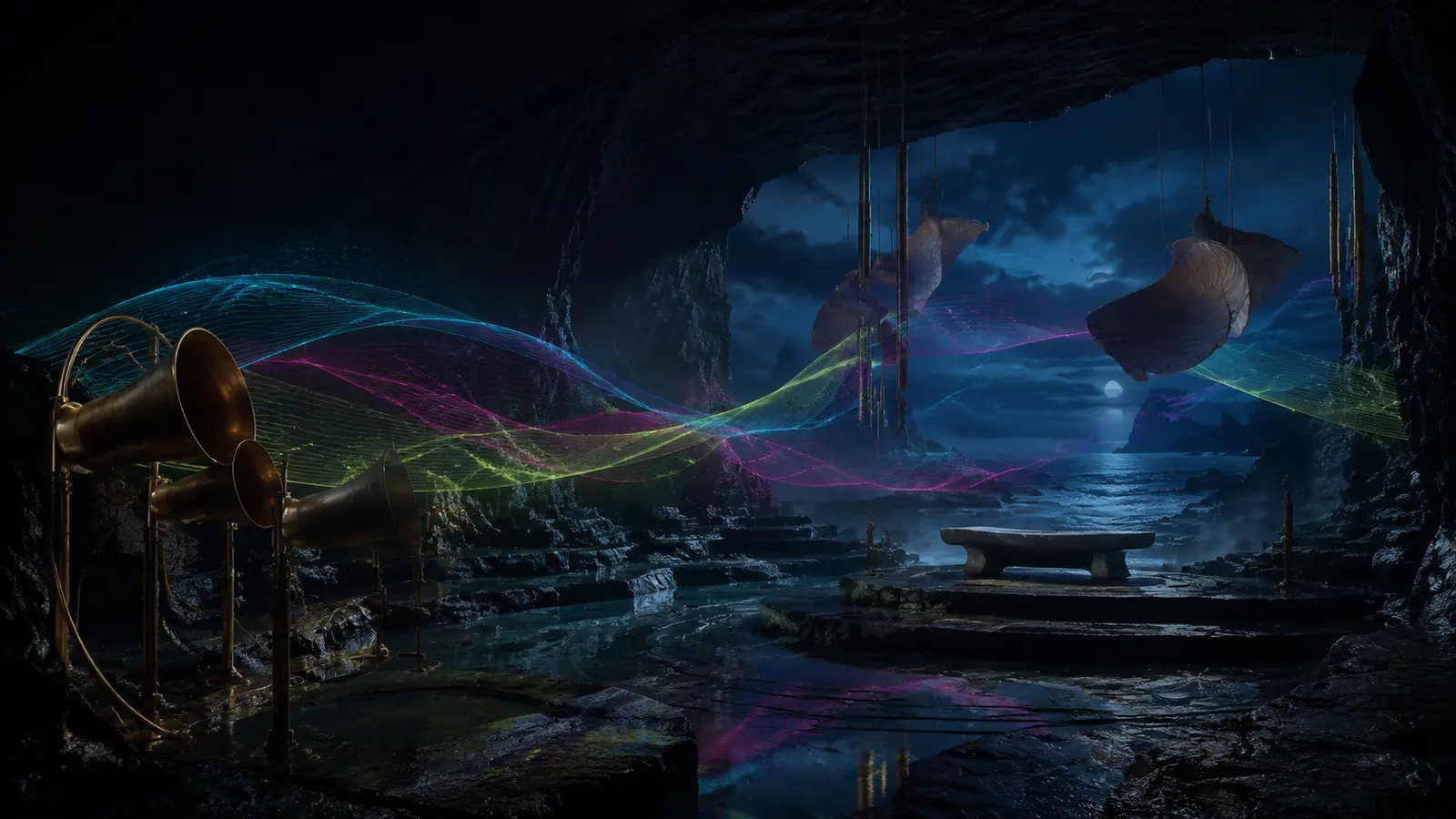 An empty basalt listening garden opens onto a moonlit sea while cyan, magenta, and electric-lime sound ribbons pass through brass horns and suspended resonators.