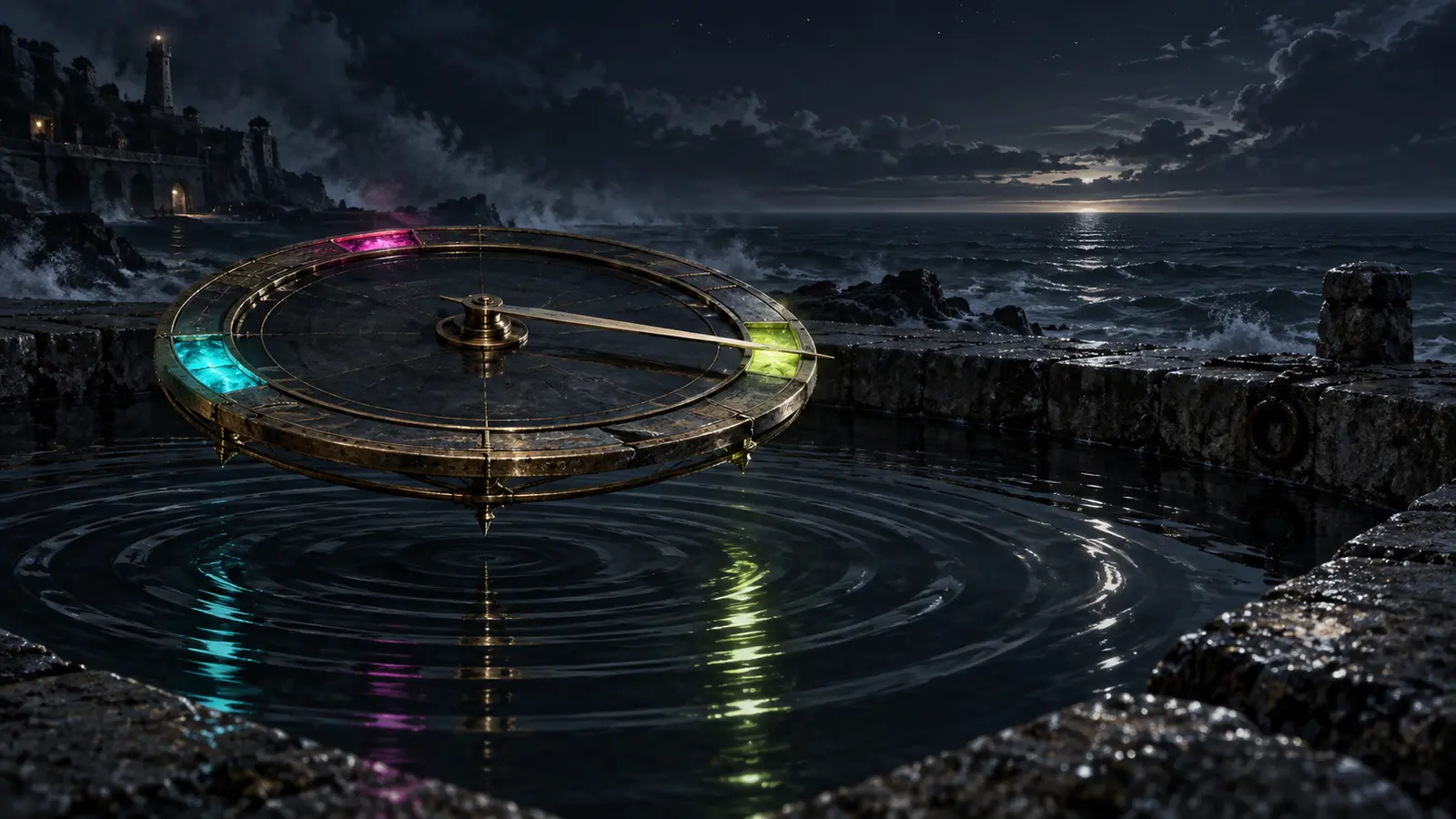 A circular brass timing instrument floats above a rippling black tidal pool, its pale pointer crossing cyan, magenta, and electric-lime inlays as a distant lighthouse watches a storm-dark sea.