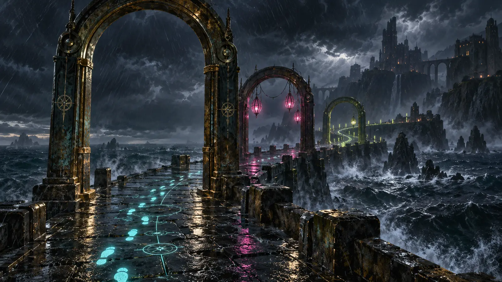 An empty stone causeway crosses a storm-dark sea through three open brass arches, with cyan footprints, magenta lanterns, and electric-lime route marks glowing along the wet path.