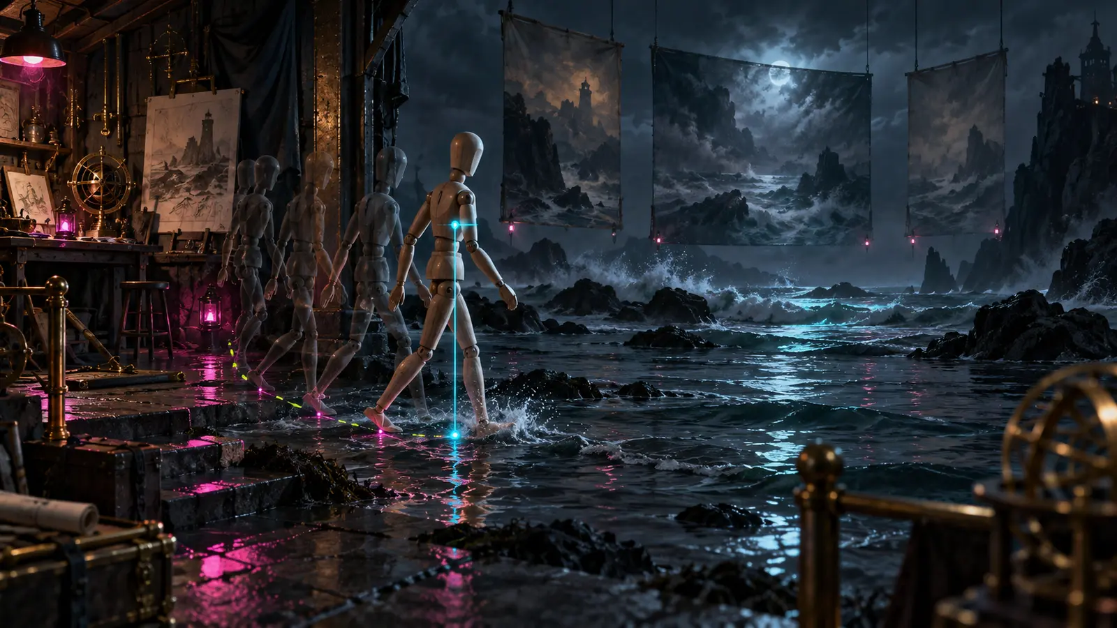 An articulated wooden figure walks from a storm-dark coastal workshop into tidal water, followed by translucent motion studies as cyan, magenta, and lime guide lights cross the wet floor.