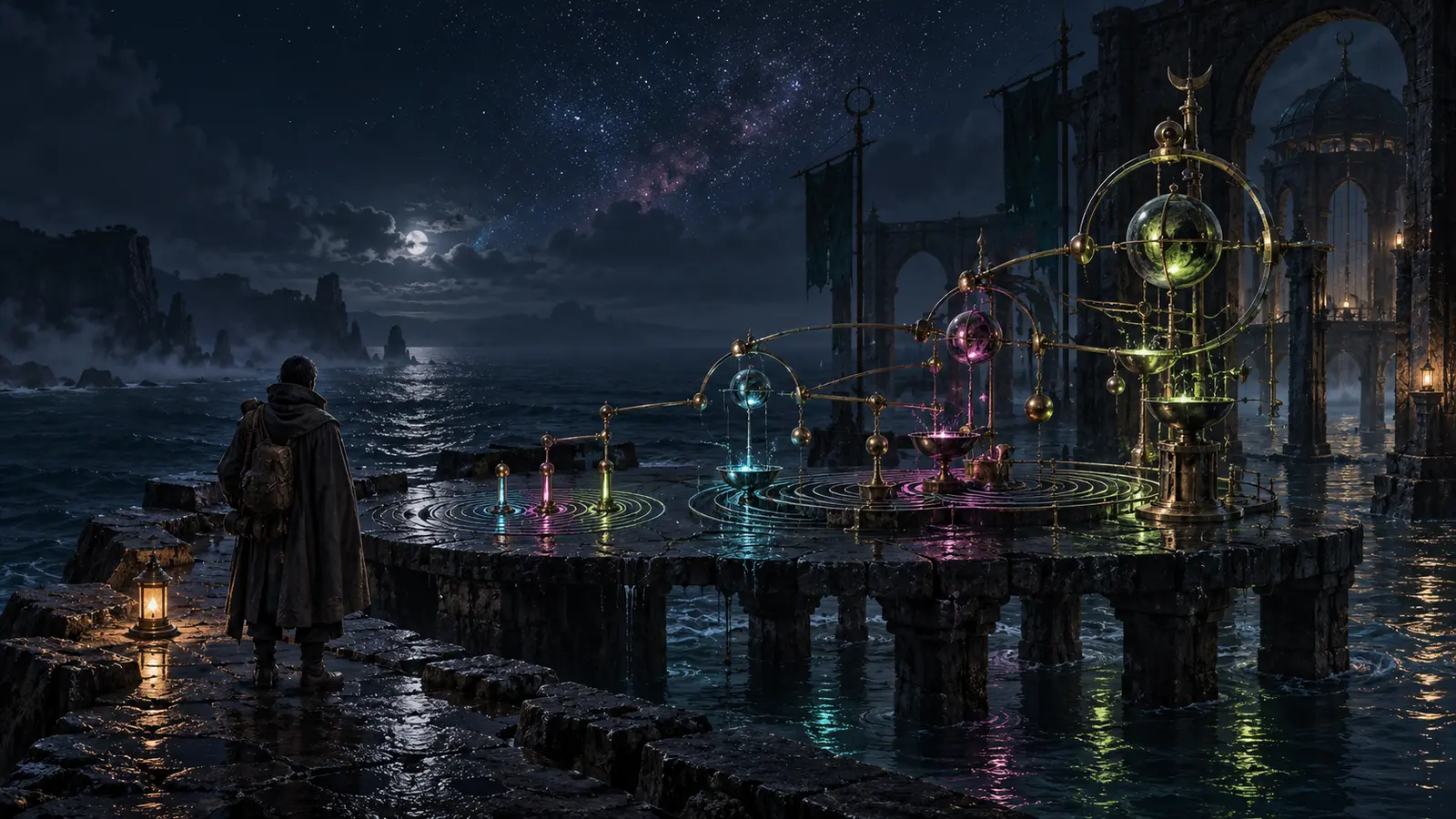 An adult traveler pauses beside a tide-washed brass instrument whose three cyan, magenta, and lime pins grow into an elaborate chain of rings above a moonlit black sea.