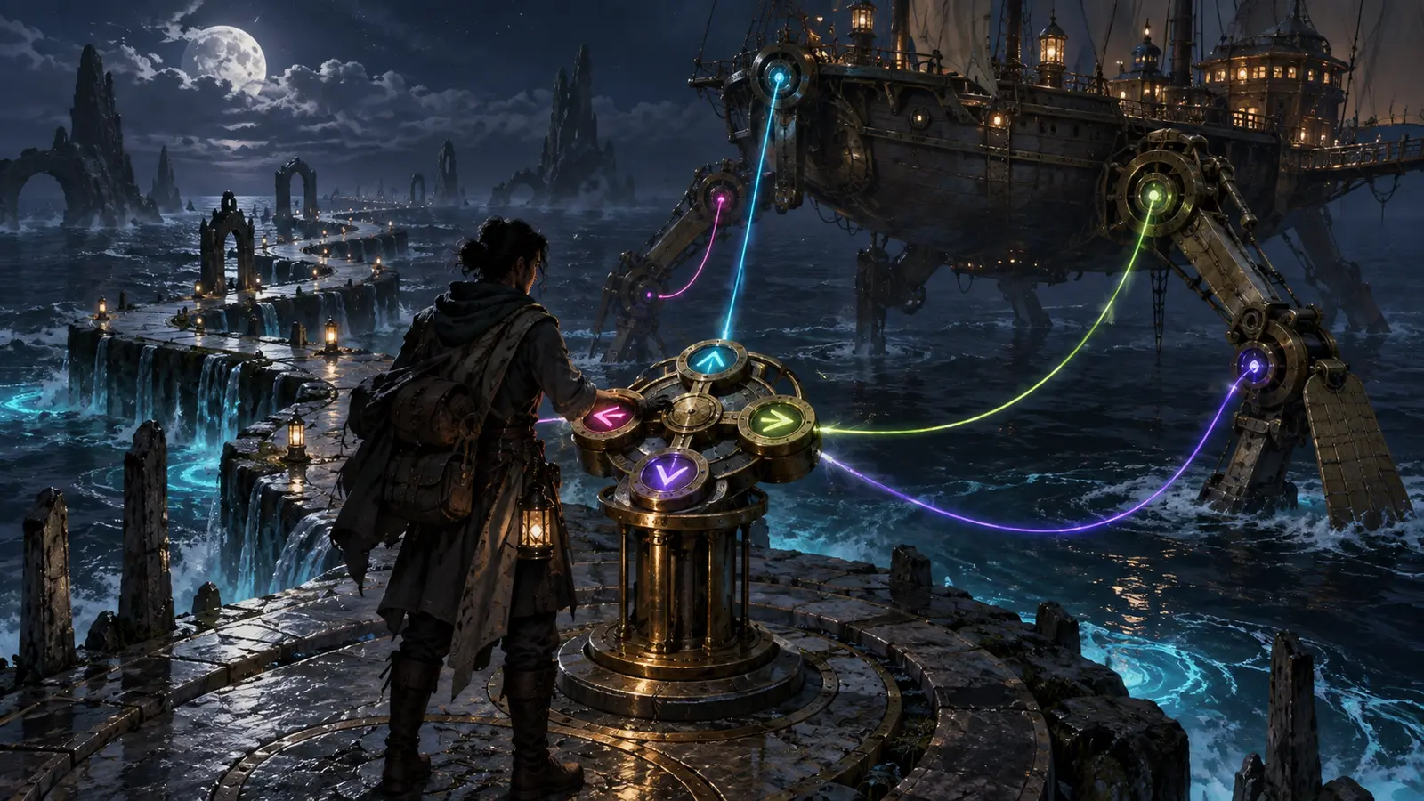 An adult traveler operates four luminous arrow-shaped controls at a brass console, with colored cables reaching a walking ship above a moonlit sea.
