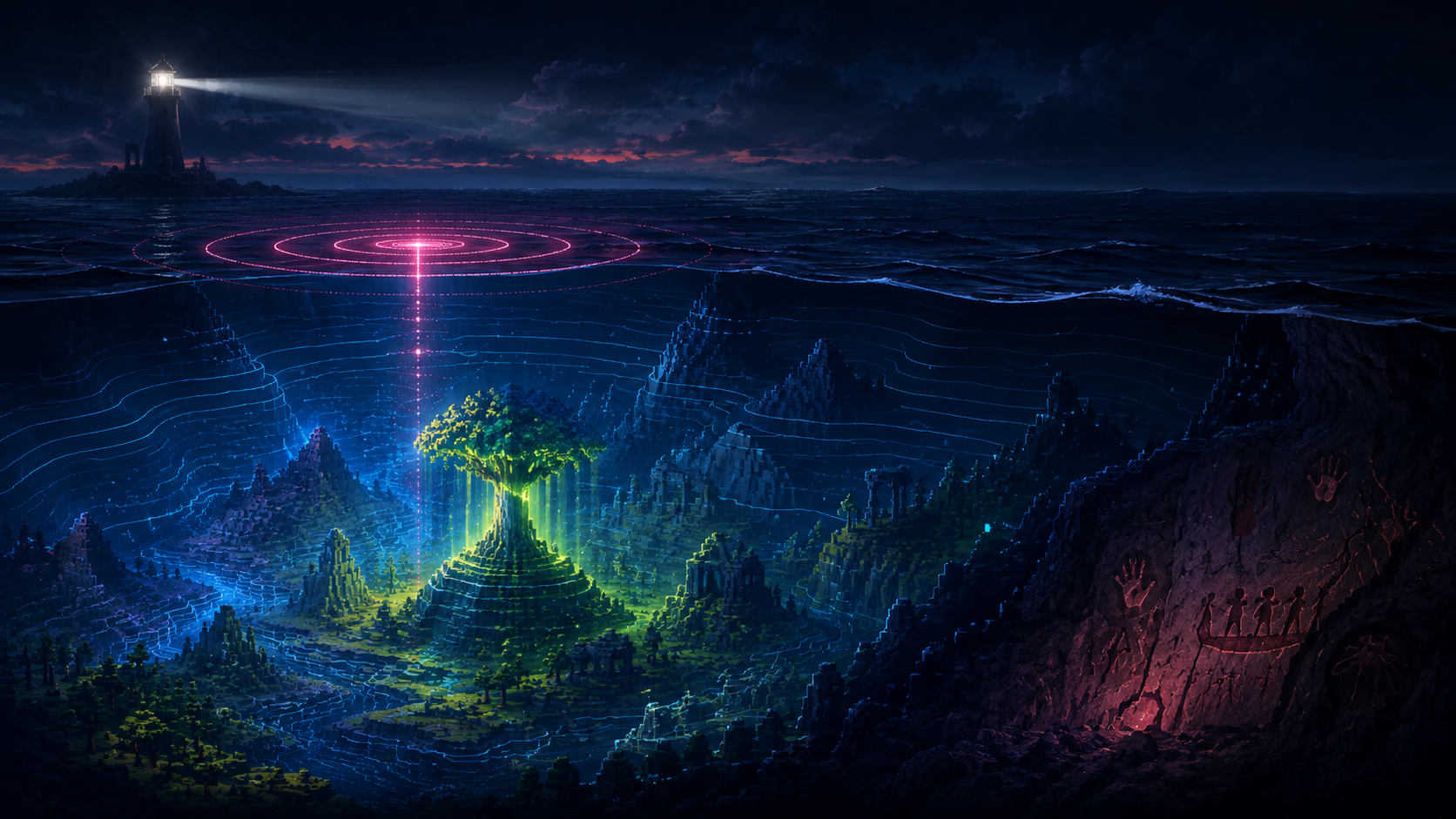 A neon sounding pulse maps a forgotten world beneath a dark sea, between a lighthouse and a cave wall marked with ancient hands.