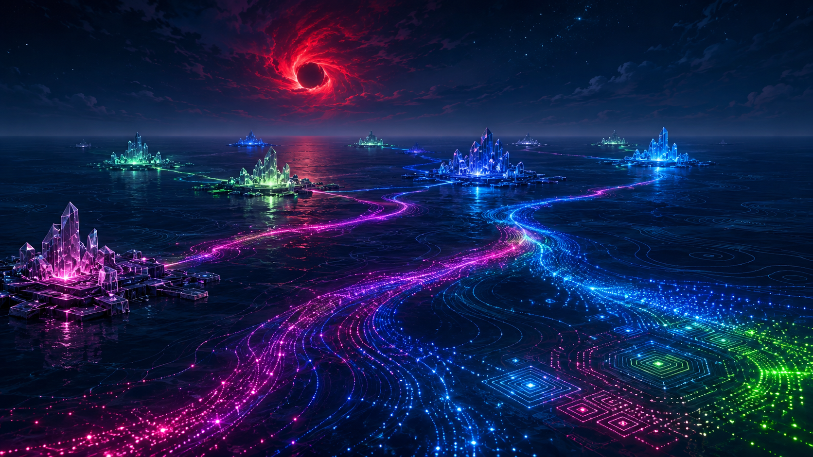 Neon optical currents cross a dark circuit-like sea between crystalline processor islands while a red, black-centered star burns above the horizon.