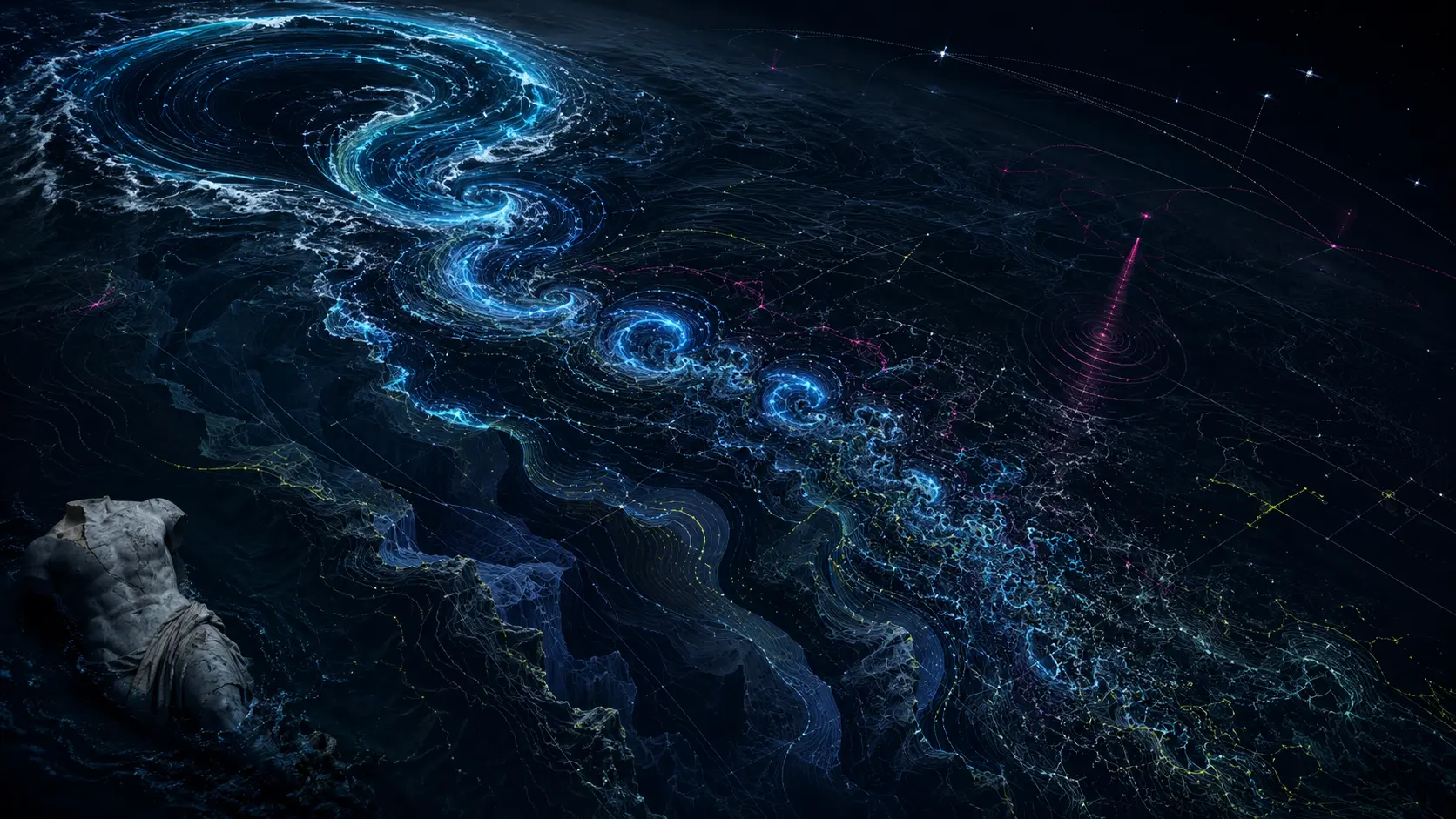 A chain of electric-blue ocean vortices fractures into smaller eddies across a dark bathymetric chart, beside faint orbital tracks and a half-submerged marble torso.