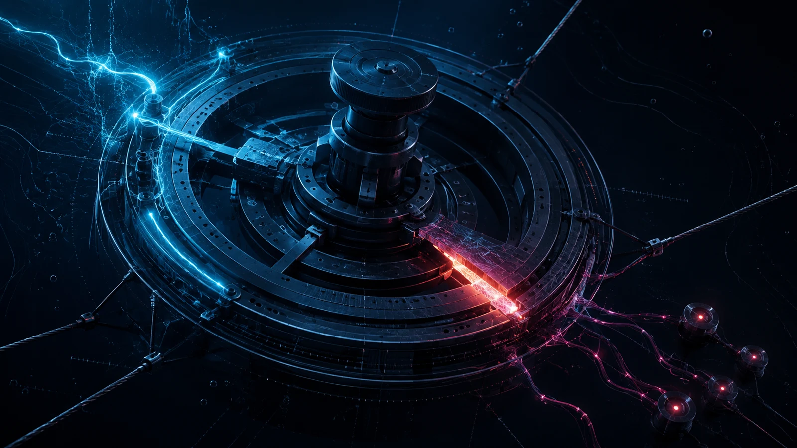 A submerged black-metal balancing wheel receives branching cyan current on its left side and releases magenta current through an open glowing gate toward four red load nodes.