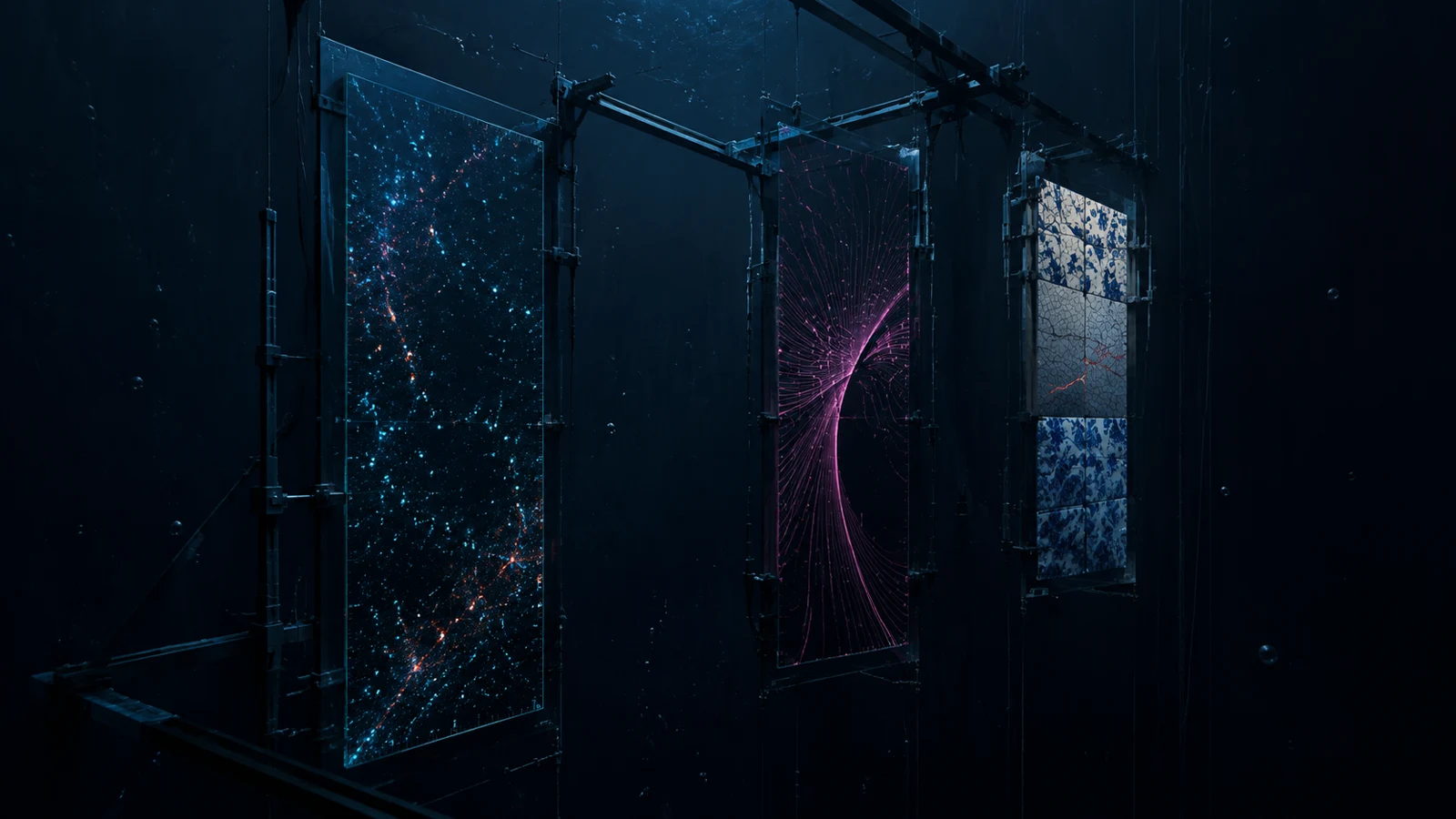 Three narrow observation panes hang from a black underwater scaffold: one holds a cyan star field, one bends magenta acoustic paths, and one shows cracked blue-and-white ceramic tiles.