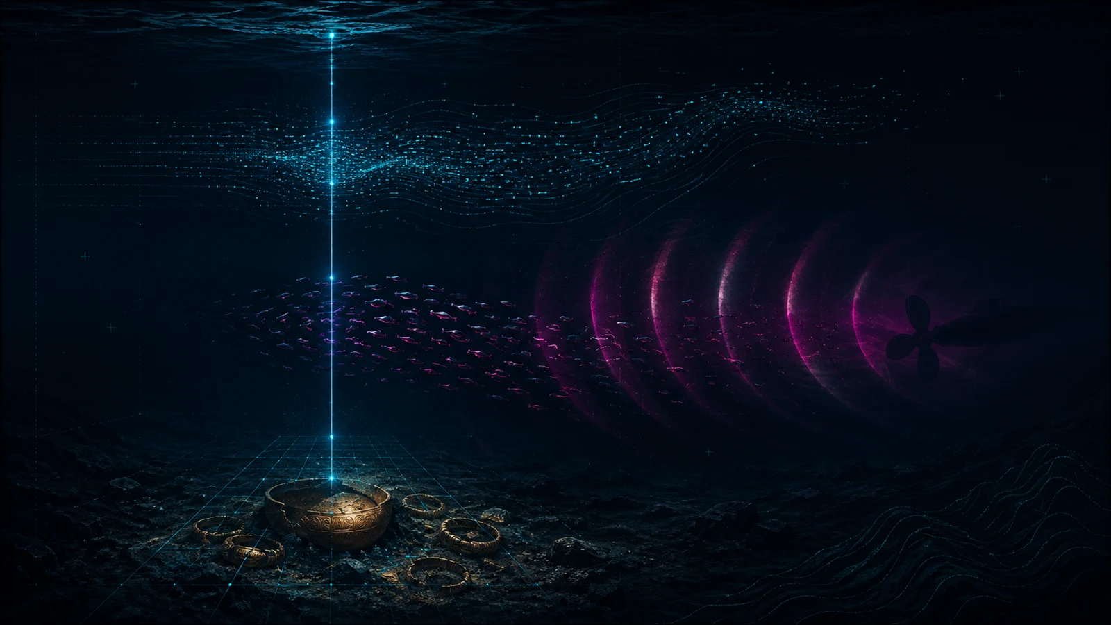 A cyan sounding line descends through a dark sea past a statistical current and a school of fish bent by magenta propeller waves, ending at gold bowls and bracelets mapped on the seabed.