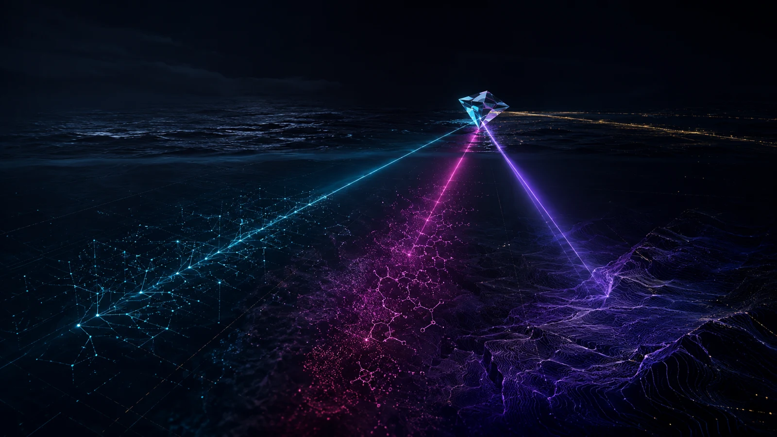 A small faceted mirror floats above a dark sea, bending cyan, magenta, and violet beams toward a branching event trace, molecular pigment patterns, and a contoured seabed.