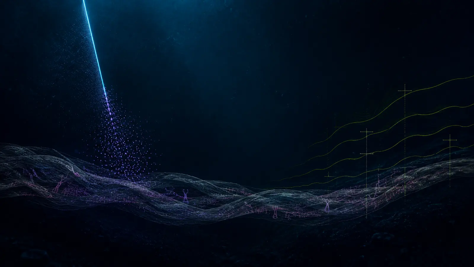 A thin cyan sounding beam breaks into violet particles above a long woven current crossing a dark seabed, while chartreuse contour lines measure the water to the right.