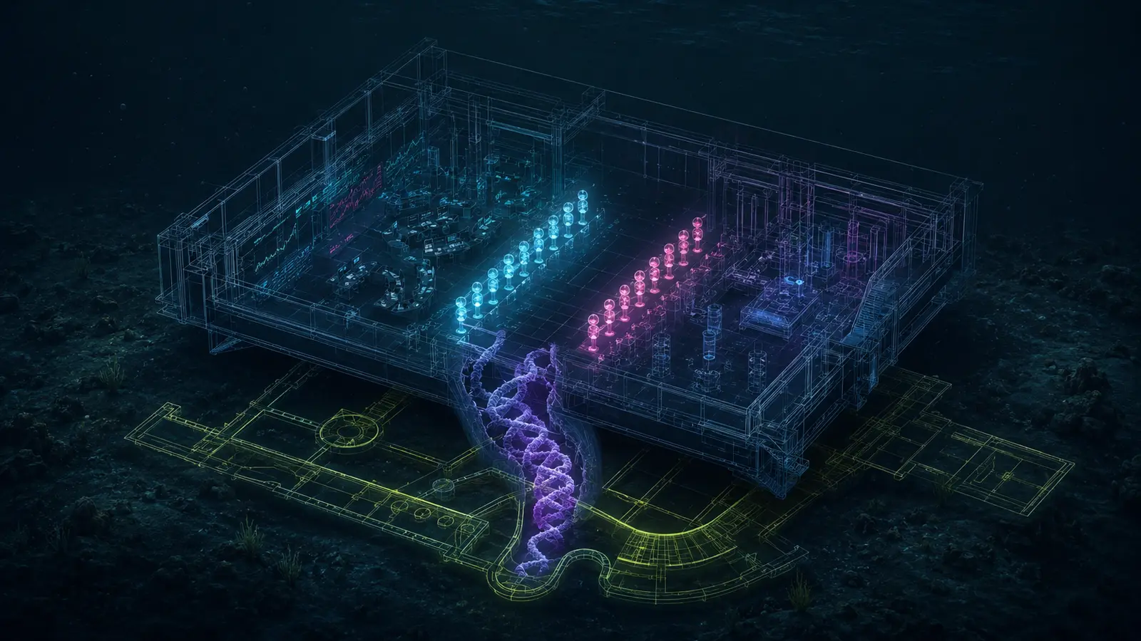 An isometric blueprint chamber rests on a dark seabed, with cyan and magenta rows of luminous market buoys stalled across a gap, a violet protein fibril passing through the floor, and chartreuse architectural plans spreading underneath.