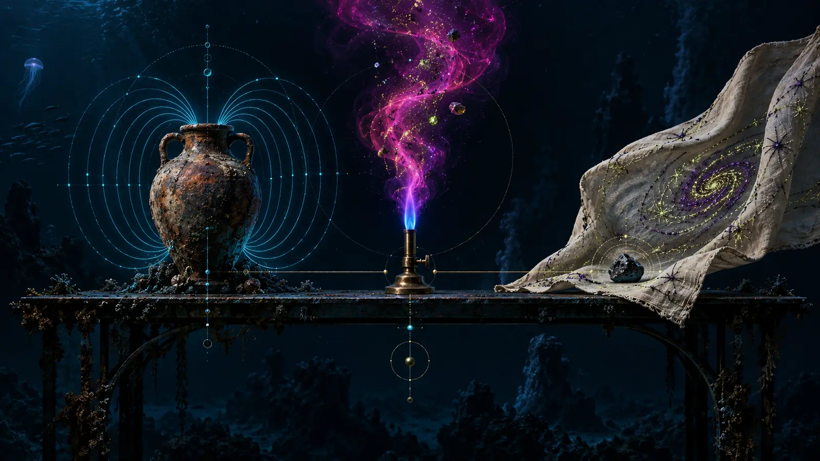 An ancient clay vessel, a small blue laboratory flame, and a billowing linen cloth embroidered with a galaxy share a submerged workbench, surrounded by cyan magnetic arcs, magenta particles, and chartreuse calibration marks.