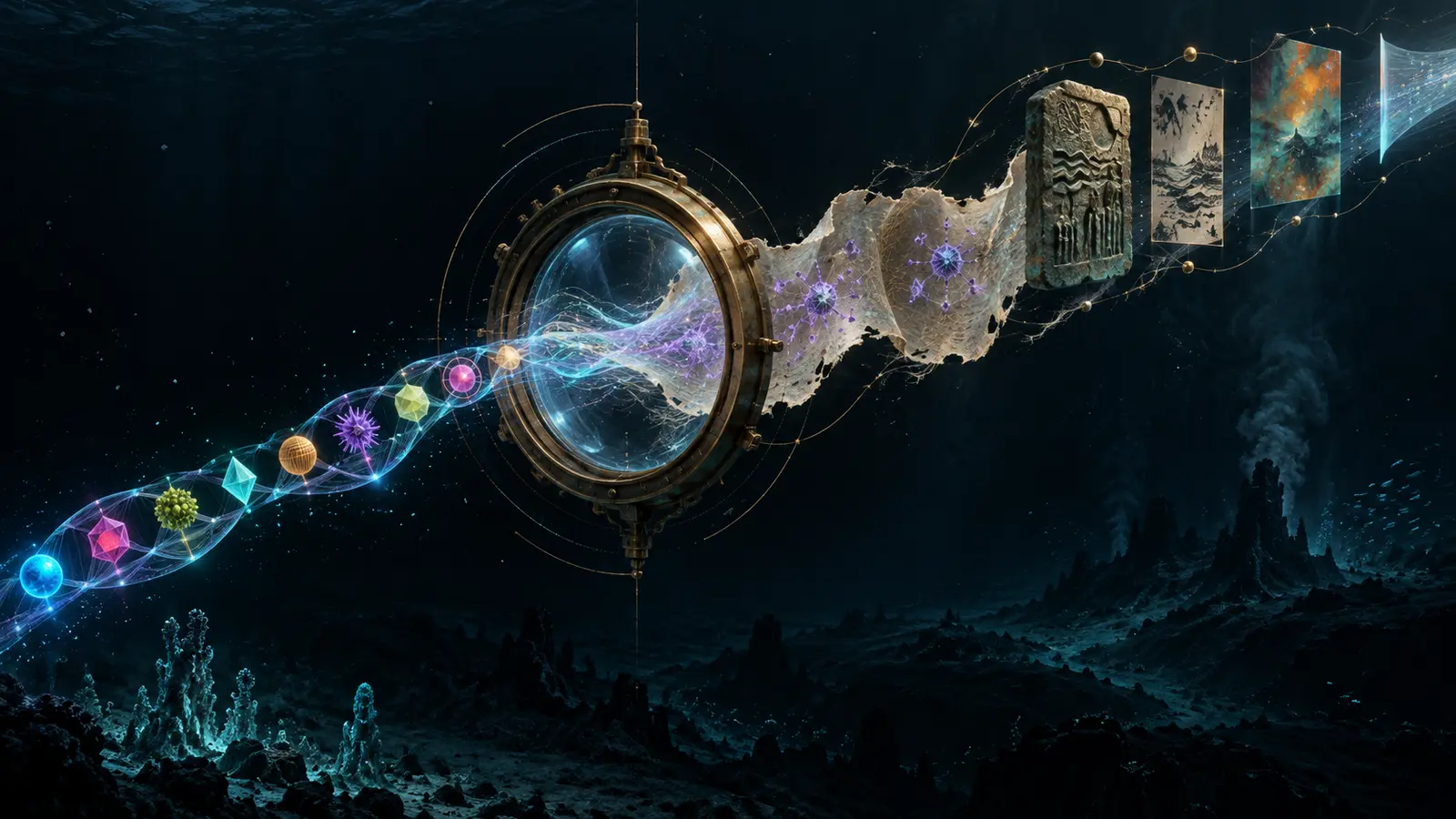 A luminous molecular ribbon passes through a brass scanning ring in a dark sea, becomes torn parchment threaded with violet viral forms, and unfurls into abstract gallery objects above the seabed.