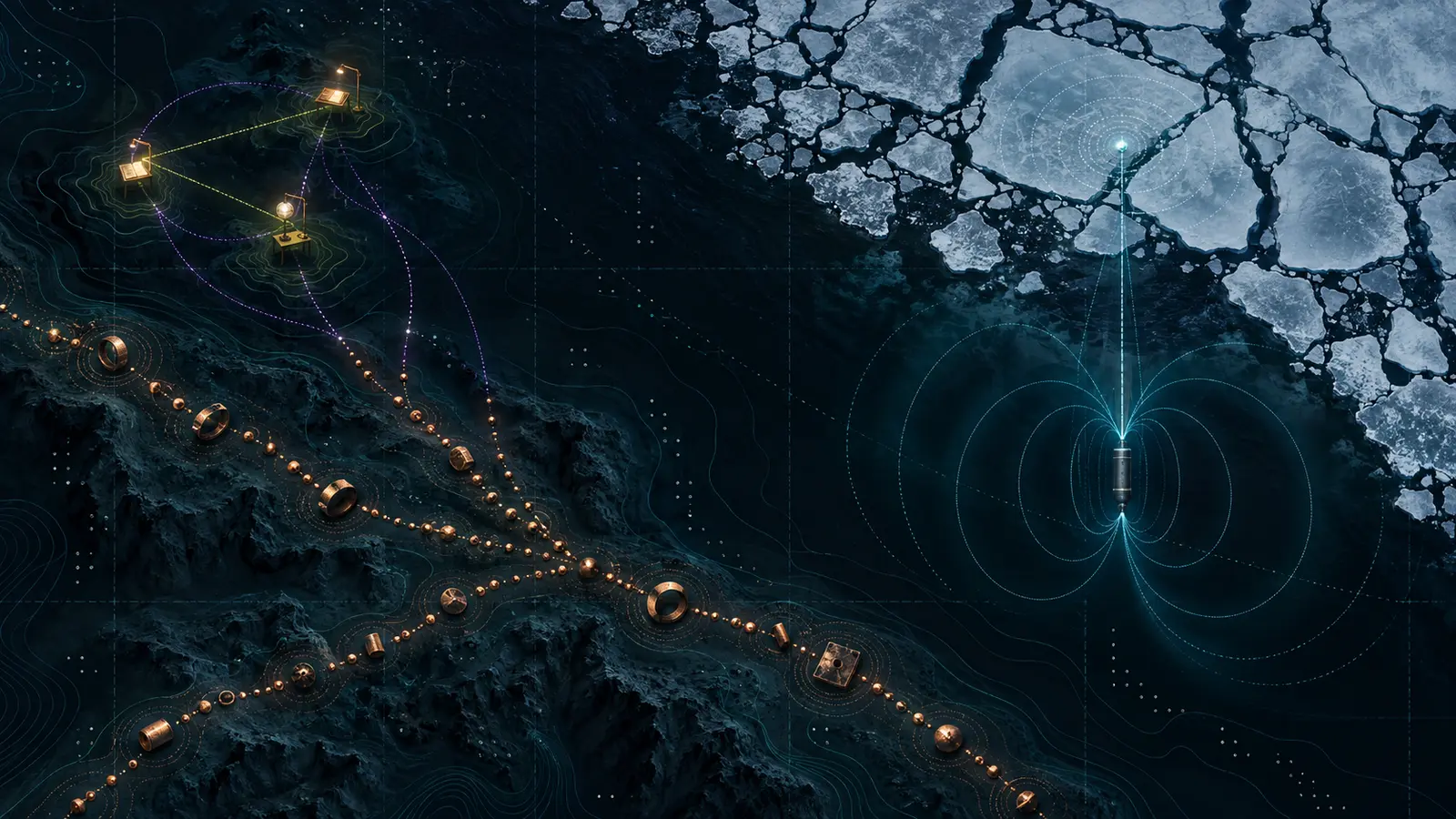 A top-down chart of a dark ocean links branching trails of copper ornaments, three illuminated learning stations, and a cyan magnetic signal passing from a submerged sensor through fractured sea ice.