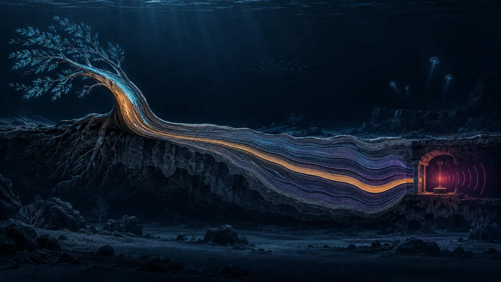 A bent tree crosses a dark underwater geological cutaway, its cyan and amber wood fibers becoming unequal contour bands that end at a small red-violet archival chamber.
